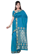 Turquoise art silk sari shown draped on a model