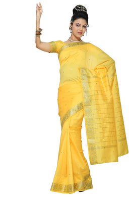 Yellow art silk sari shown draped on a model